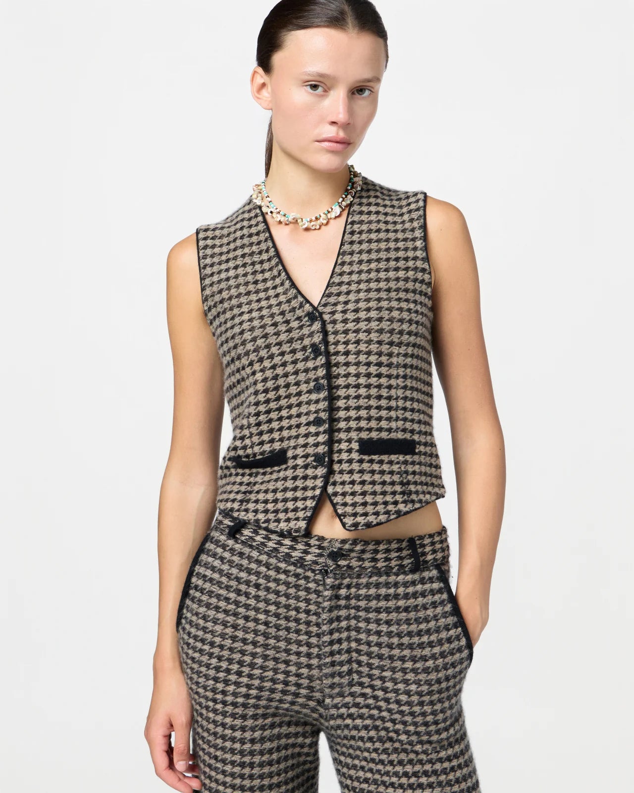 Vest Houndstooth Tailored Black & Dune