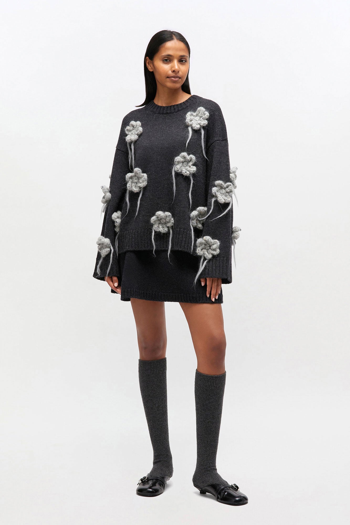 Sweater Flower Crochet Dark Grey