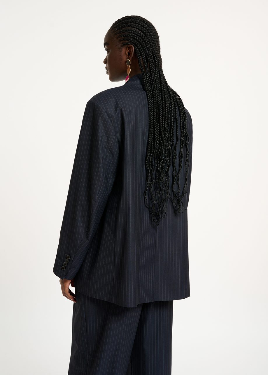 Dark Blue Oversized Pinstriped Blazer