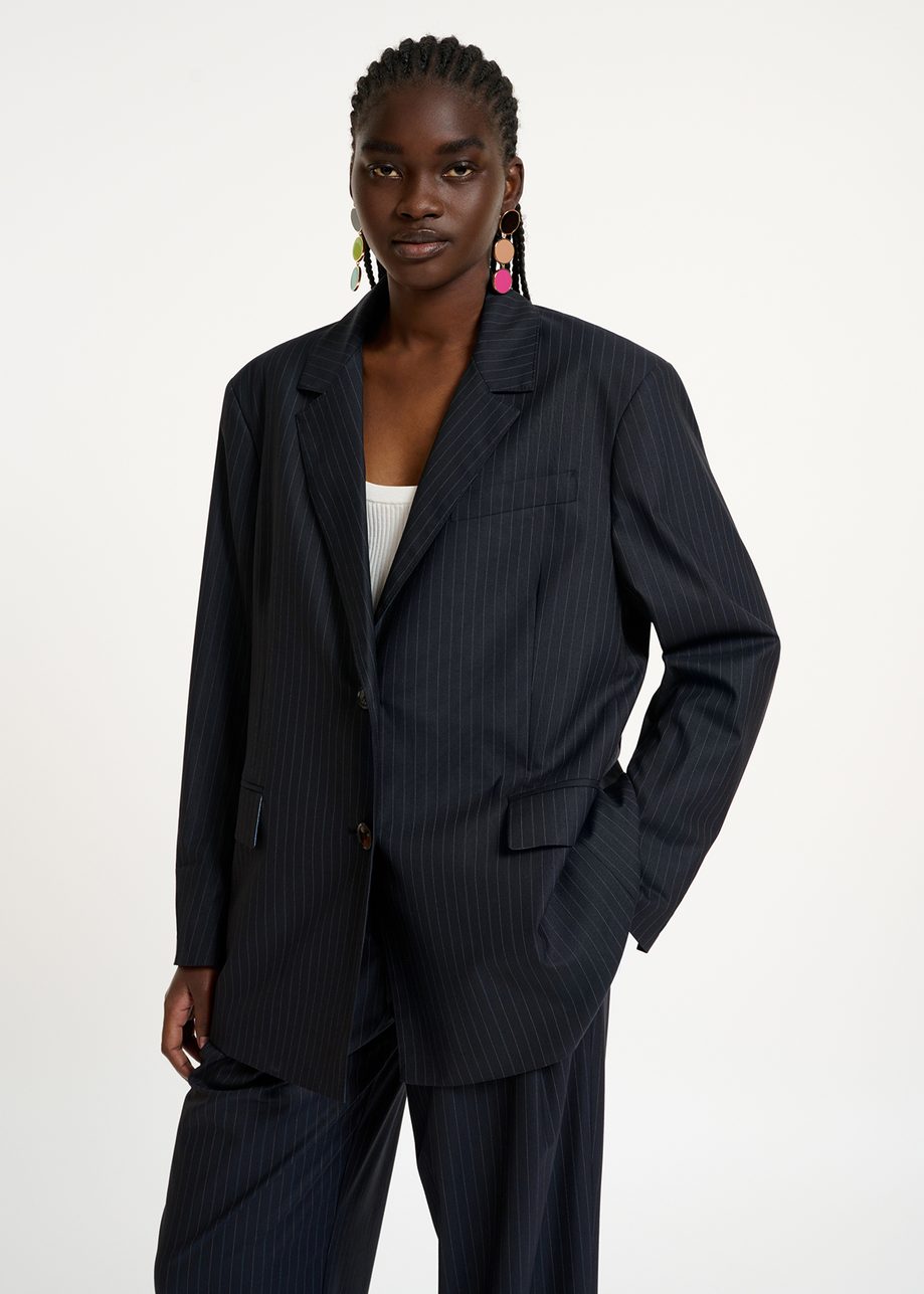 Dark Blue Oversized Pinstriped Blazer