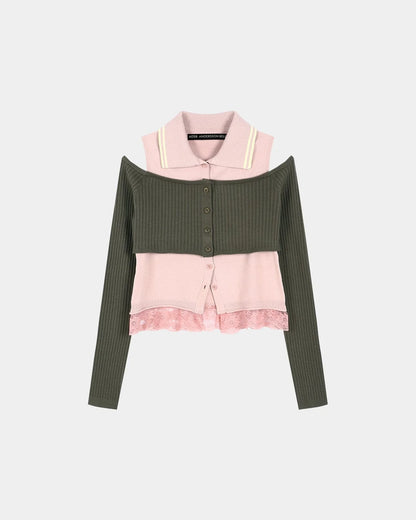 Top Collar Layered Khaki & Pink