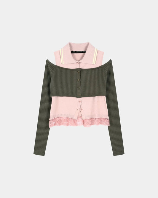 Top Collar Layered Khaki & Pink