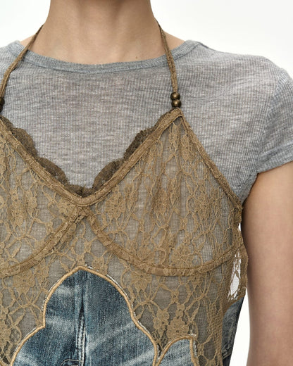 Top Belted Bustier Blue & Khaki
