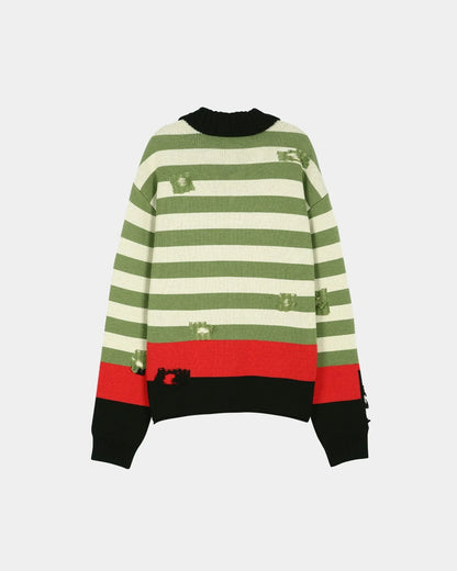 Sweater Polo Striped Damaged Green