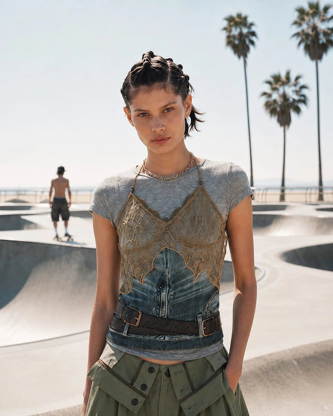 Top Belted Bustier Blue & Khaki