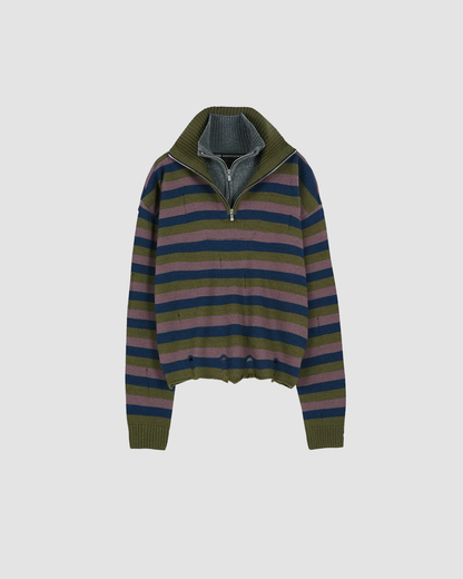Sweater Double Layered Half Zip Purple Khaki