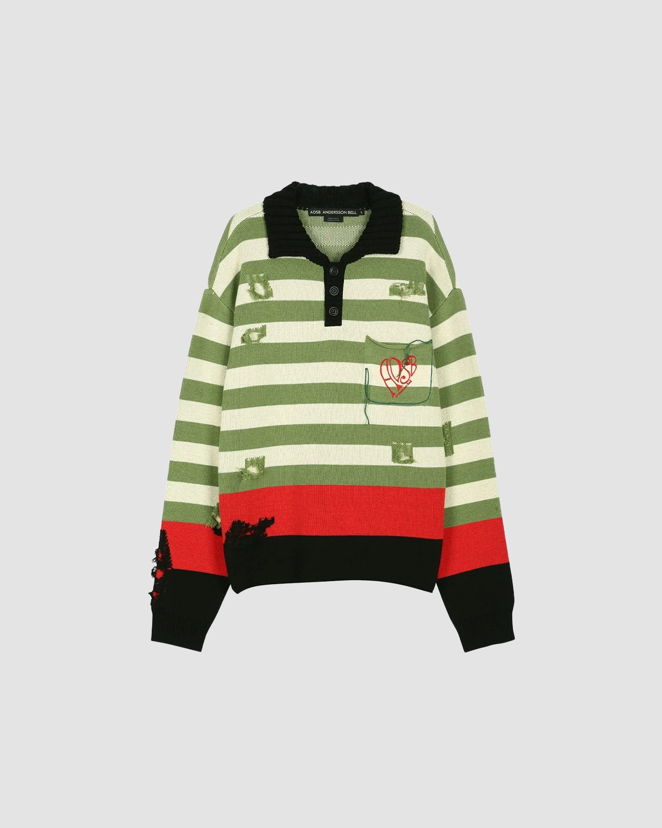 Sweater Polo Striped Damaged Green