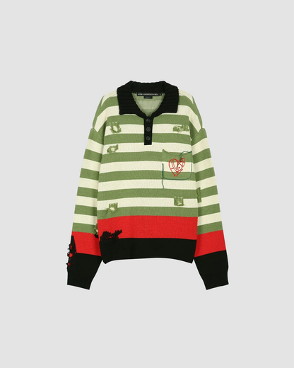 Sweater Polo Striped Damaged Green
