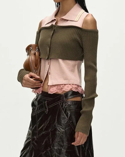 Top Collar Layered Khaki & Pink