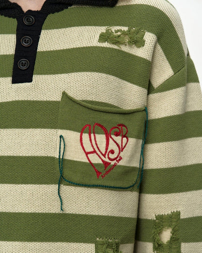 Sweater Polo Striped Damaged Green
