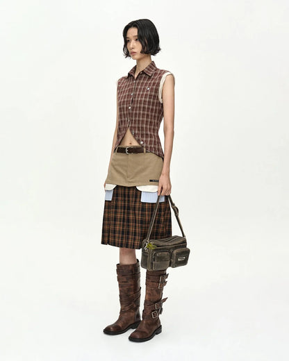 Skirt Double Layered Pleats Brown