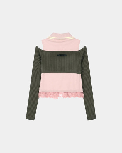 Top Collar Layered Khaki & Pink