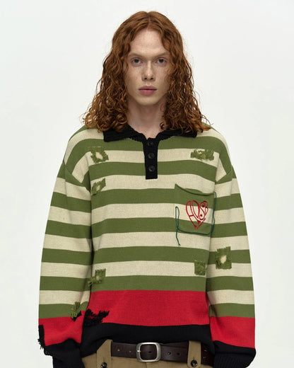 Sweater Polo Striped Damaged Green
