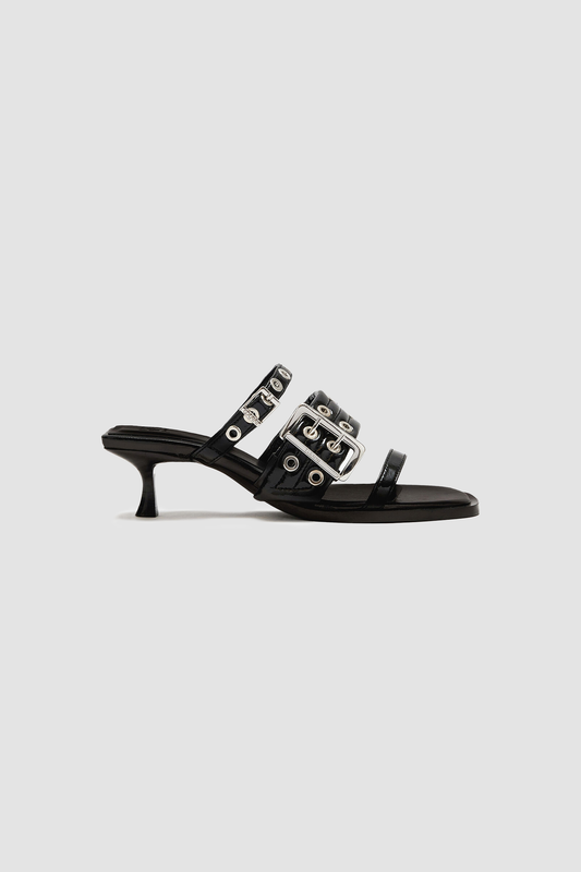 Heels Buckle Strap Mule Black