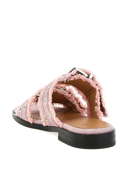 Sandals Buckle Fringed Denim Pink