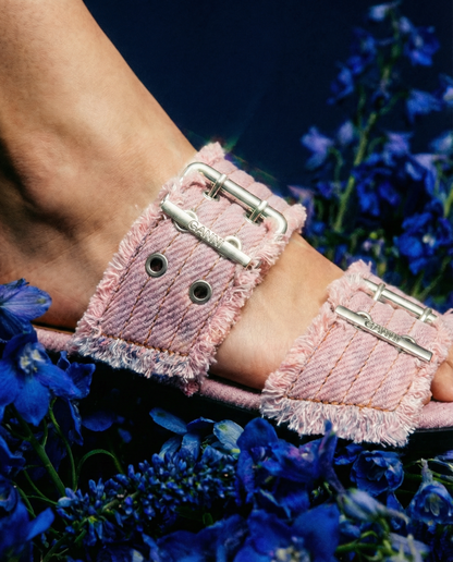 Sandals Buckle Fringed Denim Pink