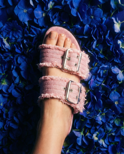 Sandals Buckle Fringed Denim Pink