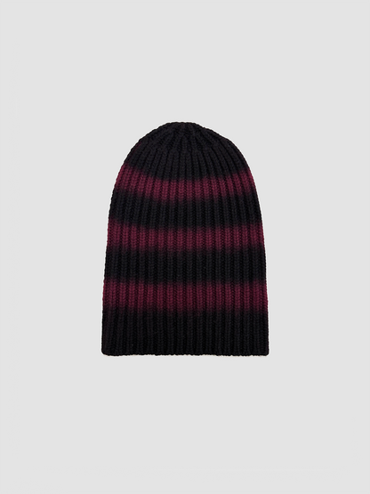 Cashmere Beanie Striped Black & Burgundy