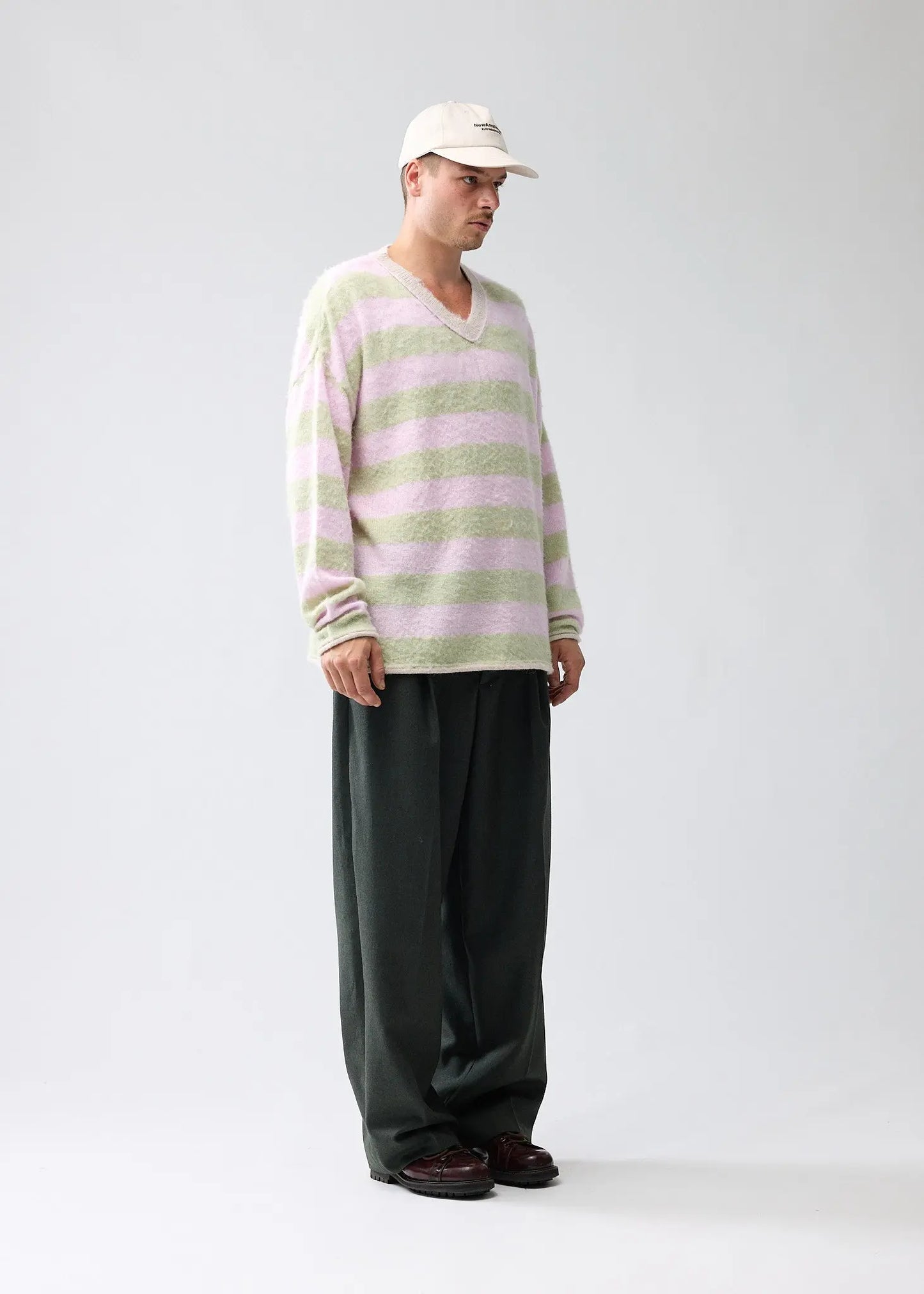 Sweater V-neck Green/Pink Stripes