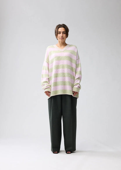 Sweater V-neck Green/Pink Stripes