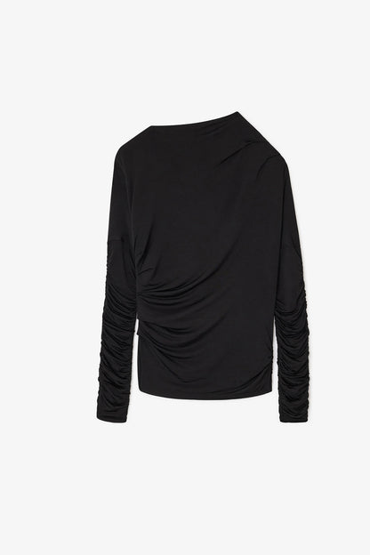 Top s nabíraným lesklým žerzejem, černý