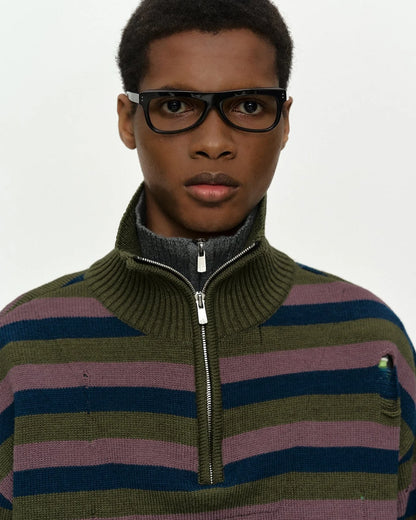 Sweater Double Layered Half Zip Purple Khaki