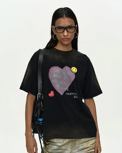 T-shirt Spray Washed Heart Message Black