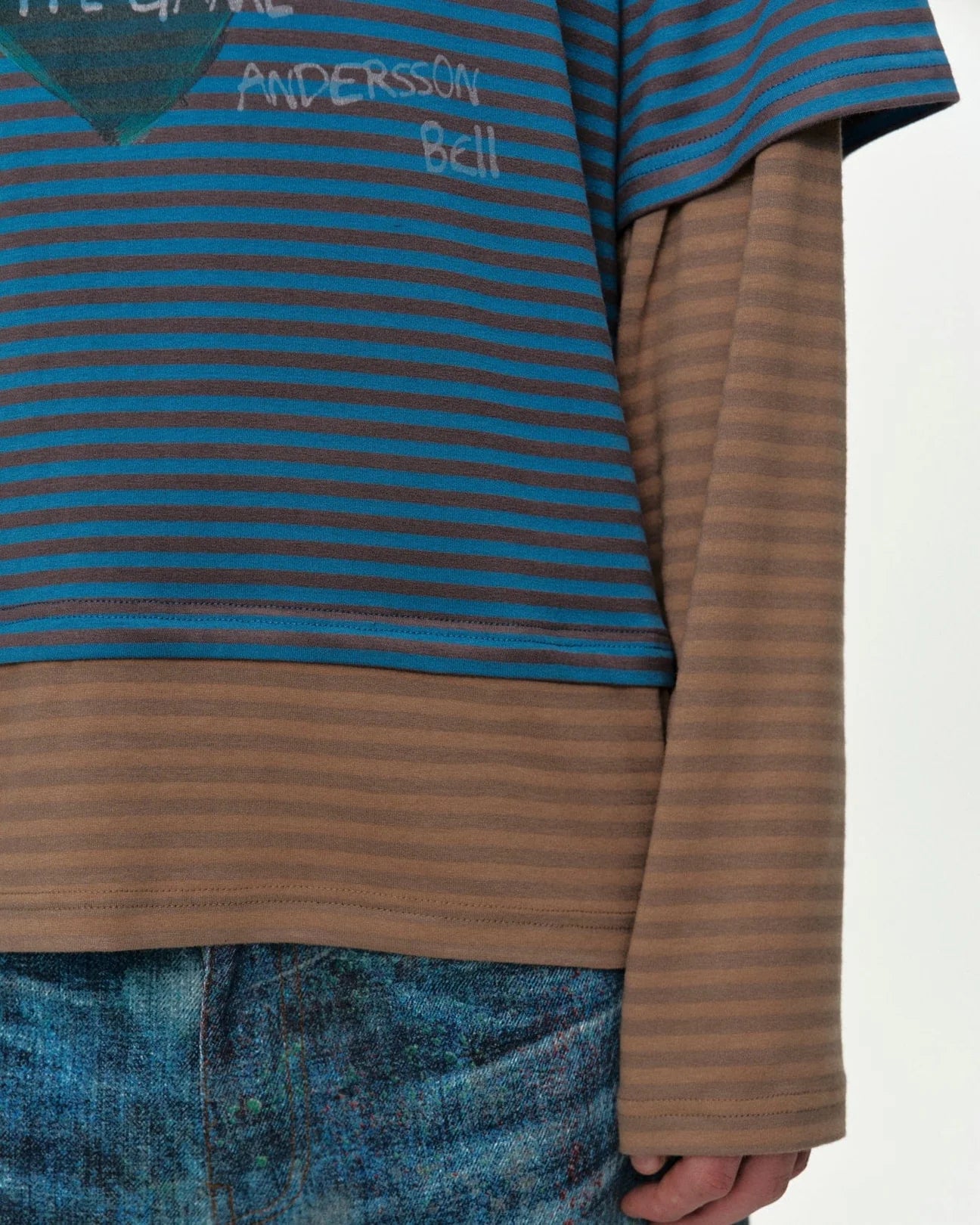 T-shirt Heart Message Stripe Layered Blue