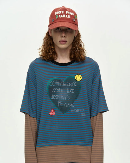 T-shirt Heart Message Stripe Layered Blue