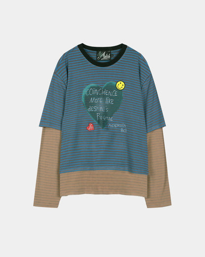 T-shirt Heart Message Stripe Layered Blue