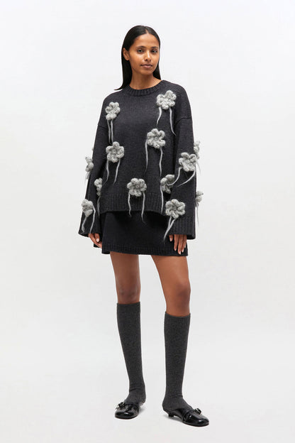 Sweater Flower Crochet Dark Grey