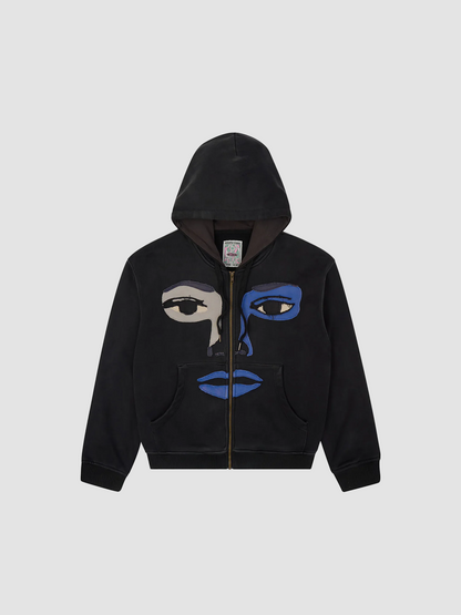 Hoodie Patchwork Face Zip Black