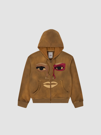 Hoodie Patchwork Face Zip Brown