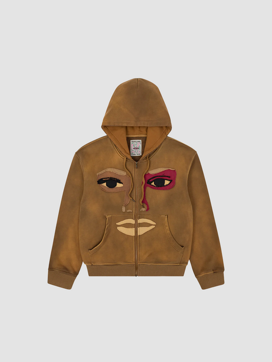 Hoodie Patchwork Face Zip Brown