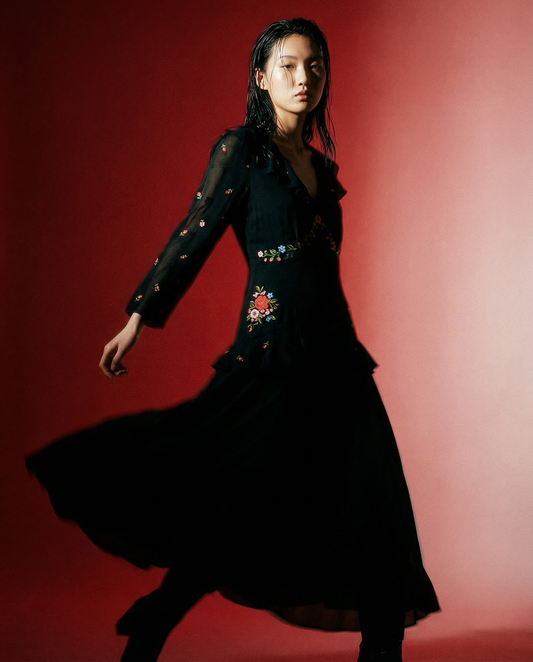 Dress Cedar Bouquet Embroidery Black