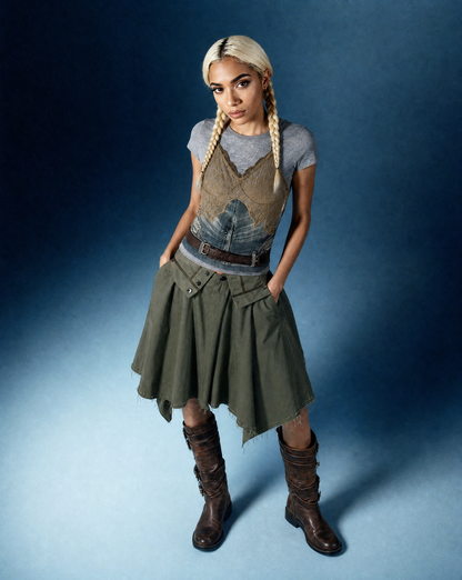 Top Belted Bustier Blue & Khaki