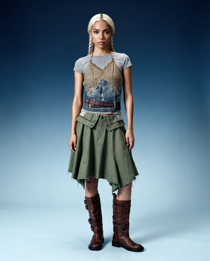 Top Belted Bustier Blue & Khaki