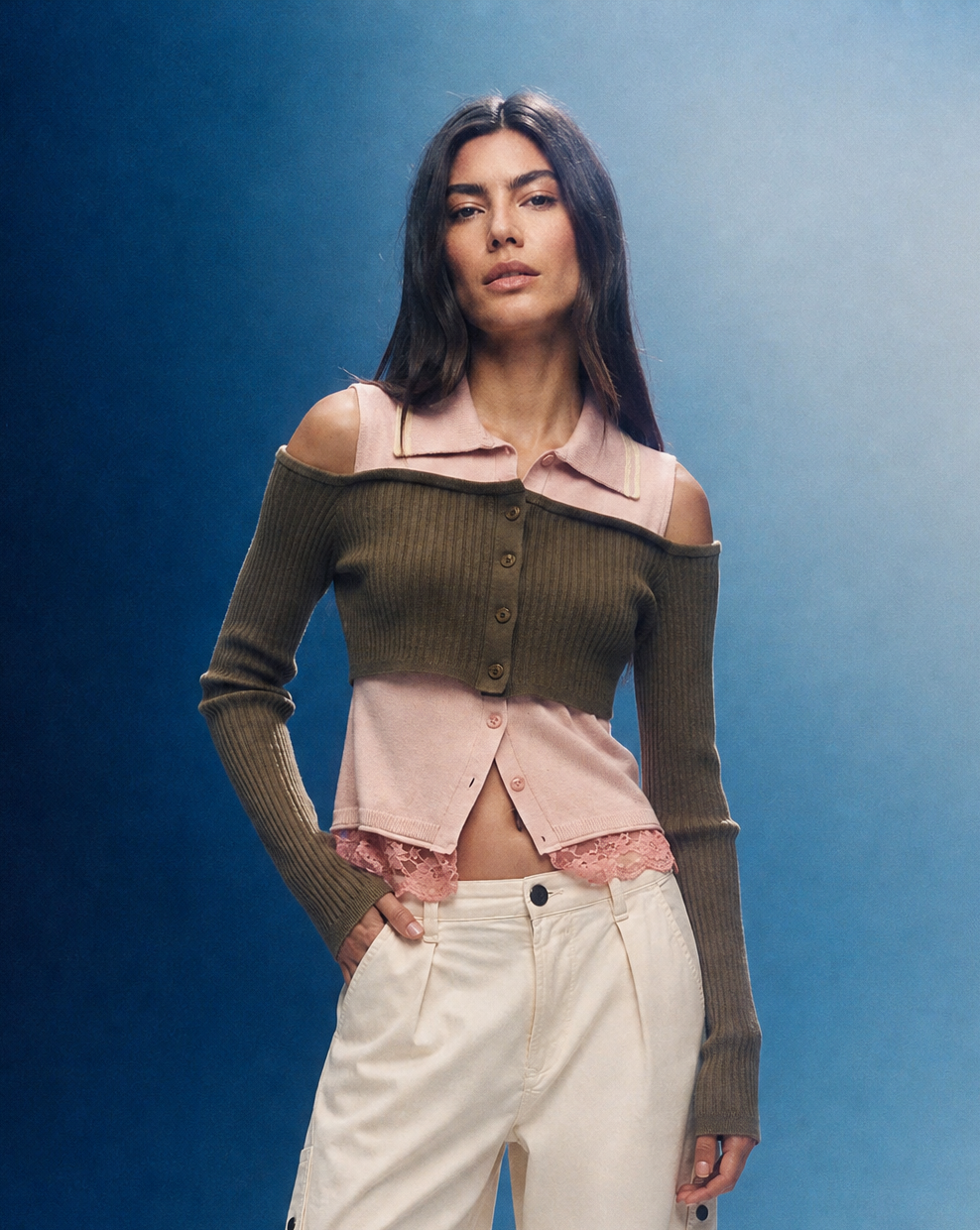 Top Collar Layered Khaki & Pink