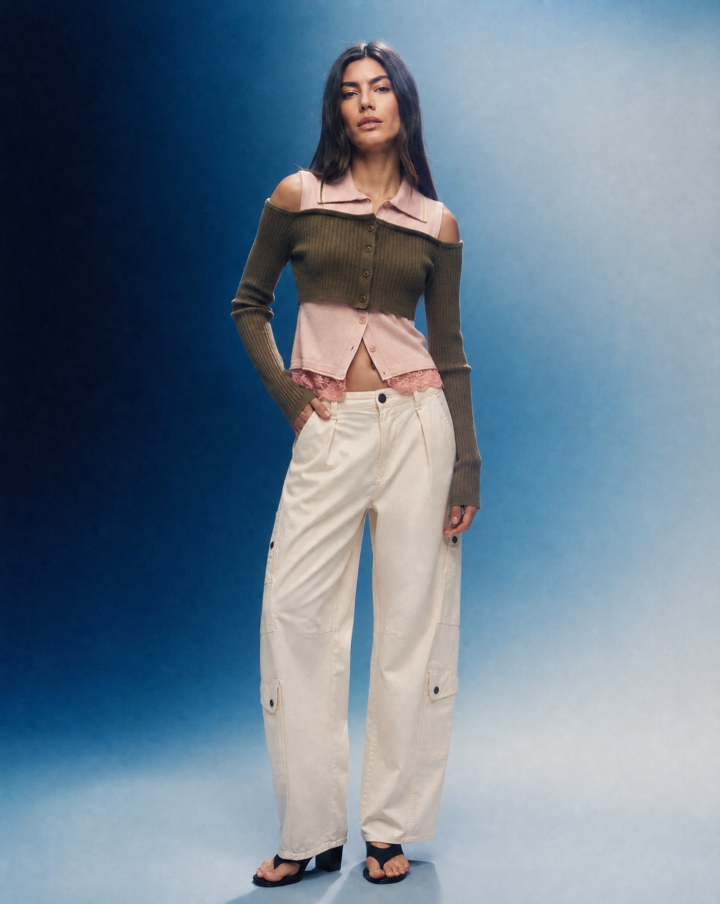 Top Collar Layered Khaki & Pink